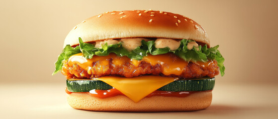 Delicious burger with chicken, cheese and greens on orange background. In advertisements for fast food and cooking blogs.