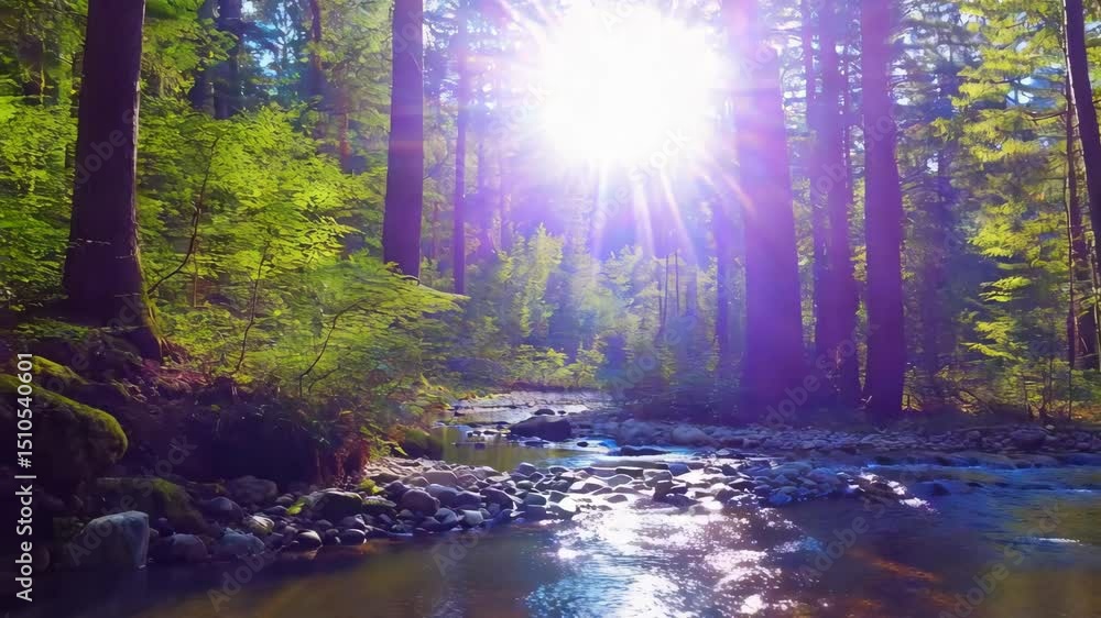Poster sunlit forest stream with green trees and a bright sunlight shining through trees and forest backdro
