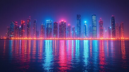 Neon cityscape skyline reflecting on water at night