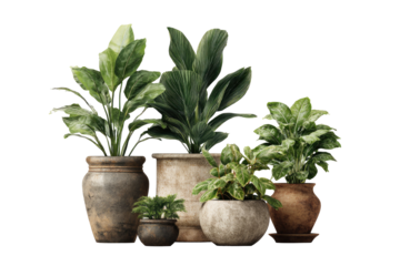 Group of potted plants in various sizes and shapes, earthy tones