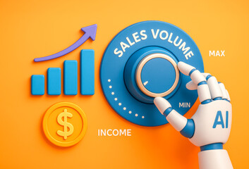 AI robotic hand turns knob to increase sales volume income and revenue growth, business technology profit success digital automation strategy marketing
