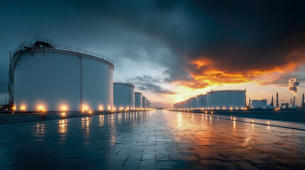Obraz premium Large industrial storage tanks at an oil refinery under dramatic evening sky