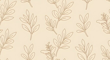 Elegant Beige Botanical Line Art Seamless Pattern Leaves and Flowers