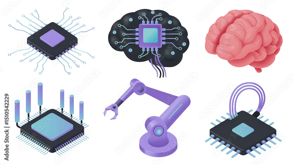 Poster microchips, robotic arm and human brain are forming a set of icons representing modern artificial in