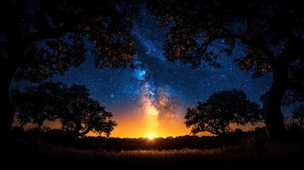 Fototapeta premium Night sky, Milky Way, trees