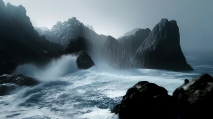 Ocean waves crashing against dark jagged rocks on foggy coastline creating sea spray and mist in cold blue light for dramatic coastal landscape - Powered by Adobe