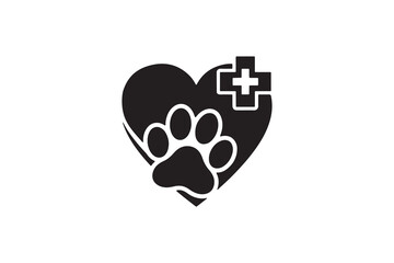 Obraz premium Pet Care Silhouette Icon with Heart and Paw Print - Paw Print Heart Vet Logo