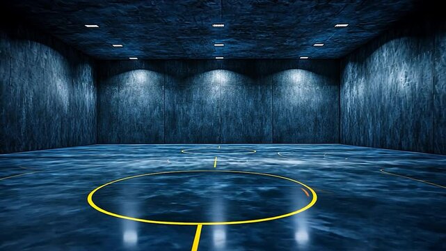 Mysterious Blue Concrete Room with Yellow Lines