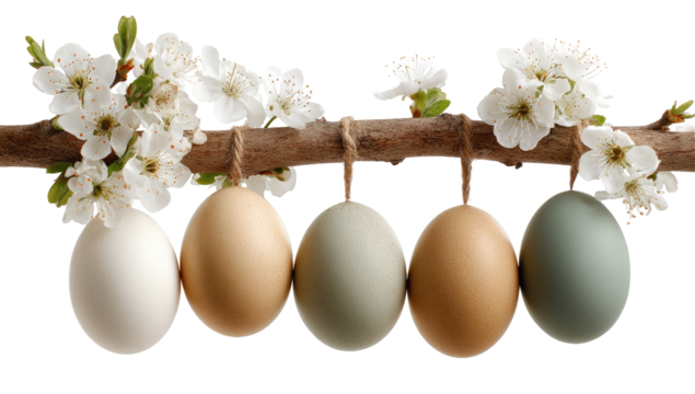 Four eggs, various colors, strung on branch with blossoms