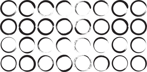 Set of black grunge circles shapes on a white background. Paint brush stamp collection. Vector brush circle. Grunge round shape set.
