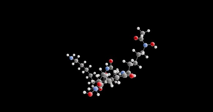 Deferoxamine molecule, rotating 3D model of desferrioxamine, looped video on a black background
