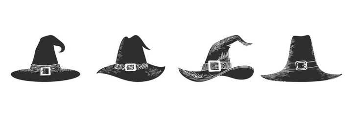 Witch Hat Silhouette Set. Magical Headwear Collection For Halloween And Fantasy Themes. Isolated Vector Illustration Collection