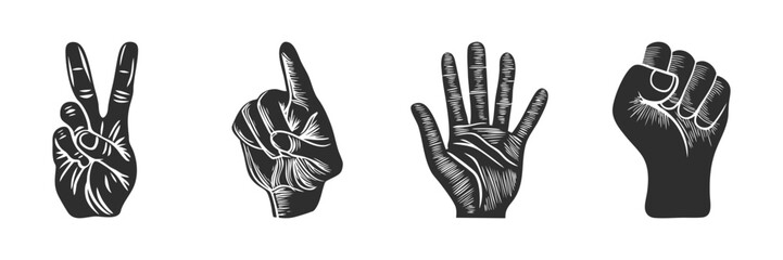 Obraz premium Hand Gesture Silhouette Set. Communication And Expression Through Hand Signs Isolated Vector Illustration Collection