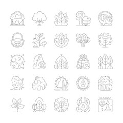 Line displays assorted nature concepts with vegetables, trees, and environmental icons on white
