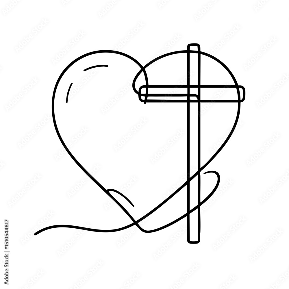 Poster heart symbol interconnected with a cross in minimal line art style