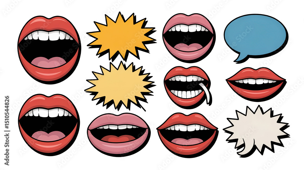 Poster comic style open mouths displaying various emotions, talking and expressing thoughts through colorfu