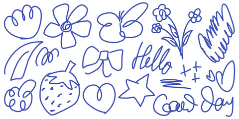  Hand drawn illustration of abstract doodle line art, organic doodle shape like butterfly, flower and strawberry with freehand kids style.
