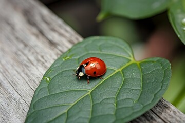Close-up of a ladybug on a green leaf, resting on a wooden surface, showcasing its vibrant red color and intricate details in a natural outdoor setting