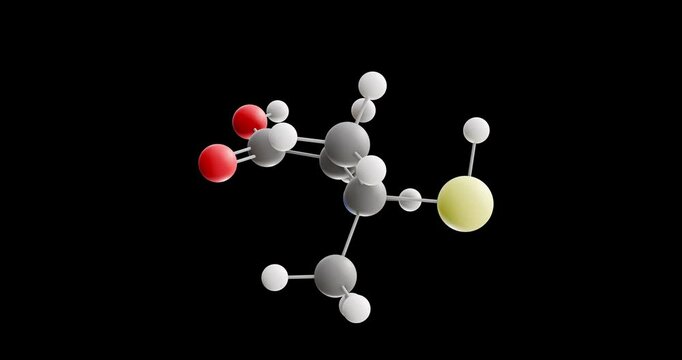Penicillamine molecule, rotating 3D model of heavy metal antagonists, looped video on a black background
