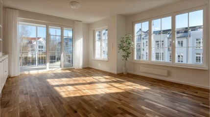 Fototapeta premium Modern living room with wooden floors and neutral walls, showcasing minimalist design and open space.
