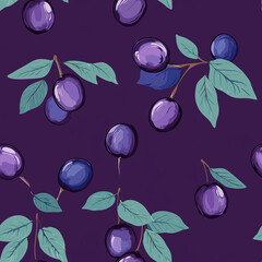 Plum on Purple: A vibrant illustration of ripe plums adorns a rich purple backdrop. Tile and seamless pattern