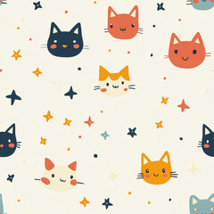 Cute Cat Pattern: A charming pattern of cartoon cats and stars, creating a delightful and playful design for children and cat lovers. Tile and seamless pattern