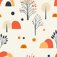 Abstract Forest Scene: An artistic depiction of a forest, featuring stylized trees and natural elements. Tile and seamless pattern