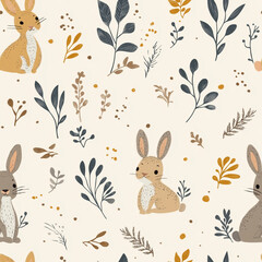 Whimsical Bunny Pattern: An charming illustration featuring cute bunnies and delicate botanical elements. Tile and seamless pattern