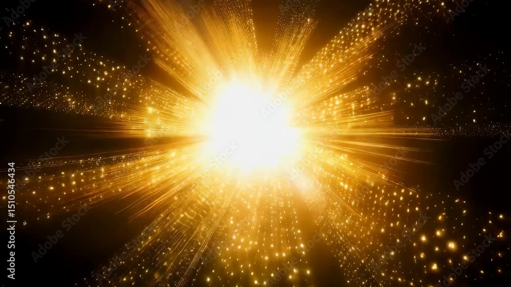 Poster shining brightness in a dark background with rayed gold particles of light and light effects in brig