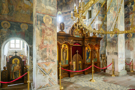 Fruska gora, Serbia - May 25, 2025: Interior of The Novo Hopovo Monastery of a Serb Orthodox monastery.