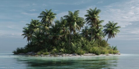 Palm trees and blue ocean, tropical island getaway.