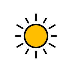Yellow sun and rays with black stroke outline flat vector icon