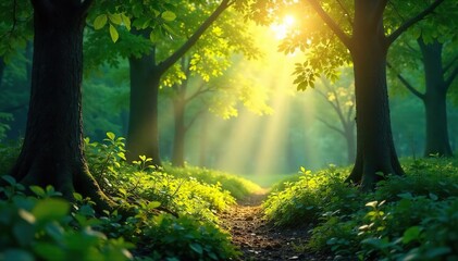 Fototapeta premium Sunlight dappling through leaves in a lush forest, illuminating the forest floor with a soft, ethereal glow Perfect for nature, environmental, and peaceful themes , fresh, nature