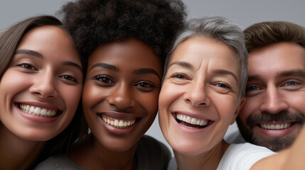 Diverse Gruppe fröhlicher Menschen verschiedener Ethnien lächelt gemeinsam in die Kamera