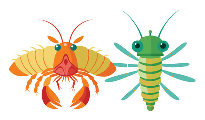 Cartoon hermit crab and aquatic insect illustration