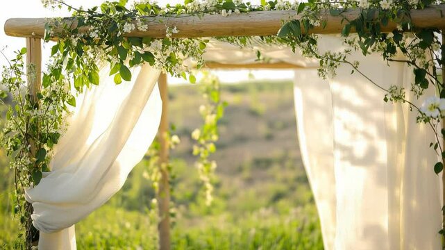 Outdoor wedding canopy decorated with greenery in natural setting