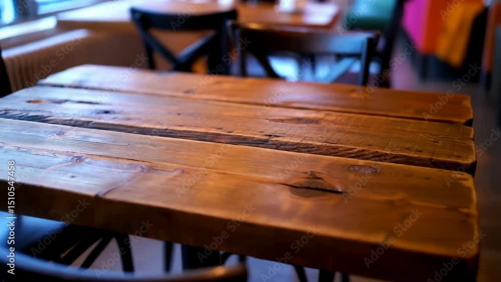 Aufkleber close up view of a brown wooden table with dark chairs in a cafe setting with warm lighting