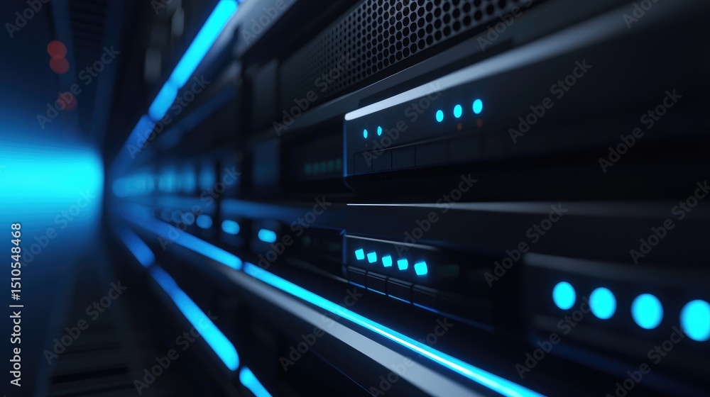 Poster Detailed close-up of futuristic data server rack with glowing blue indicators and high-tech design, perfect for illustrating cloud storage, IT security, and digital networks