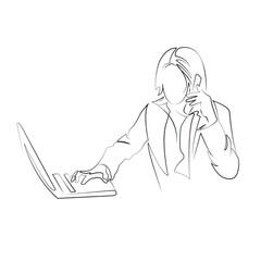 One continuous line drawing on white isolated background. Minimalism linear illustration. mobile phone, woman, working, office, business, computer, businesswoman, laptop, talking