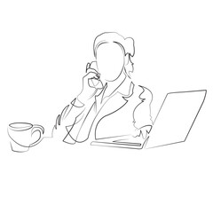 One continuous line drawing on white isolated background. Minimalism linear illustration. businesswoman, office, person, business, computer, woman, working, phone, laptop, talking