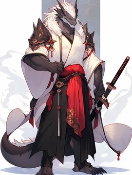 A black ravenite dragonborn stands confidently, wearing traditional Japanese clothing, holding a katana and adorned with a red and gold tassel, exuding strength and authority.