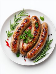 Sweet and savory grilled sausages paired with aromatic herbs, pepper strips, and a light condiment for an appetizing vegetarian treat.