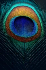 Obraz premium Peacock Feather: Close-up view of vibrant peacock feather, the intricate patterns and radiant colors in all its glory, capturing the delicate beauty of nature's design.