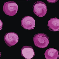 Pink painted polka dot seamless pattern hand drawn. Gouache doodle symbols on black.