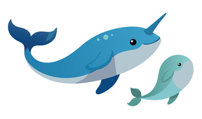Obraz premium Cute cartoon narwhal and calf illustration
