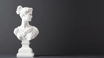 White Marble Bust Of A Woman Statue On Pedestal Against Dark Background