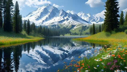 A calm lake surrounded by wildflower strewn meadows and tall pine trees with snow capped mountains reflected in the mirror-like water