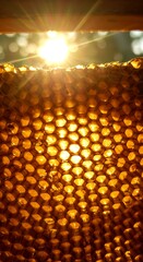 Naklejka premium Honey as a natural sweetener Healthy lifestyle with organic honey Pure organic honey Natural raw honey Bees and honeycomb close-up Honeycomb texture in sunlight Healthy lifestyle with organic honey