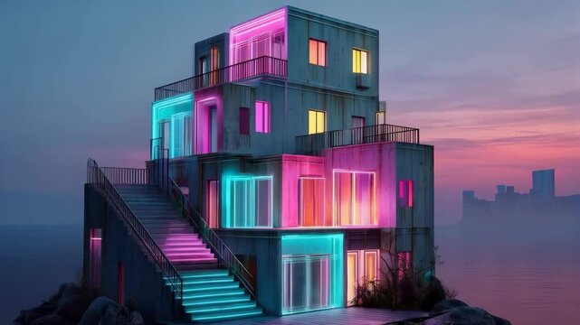 Colorful illuminated house on the water surrounded by mist creates an enchanting evening atmosphere showcasing modern architecture and artful design
