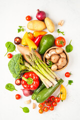 Healthy food assortment on white background.
